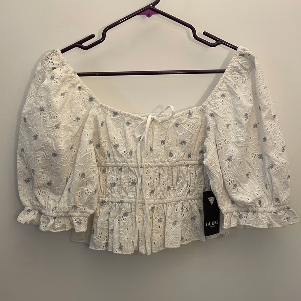 Square neck cropped embroidered top